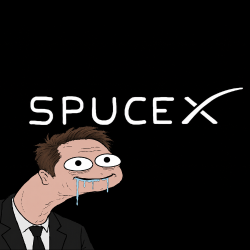 SPUCEX mascot: a drooling cartoon version of a tech billionaire in a suit